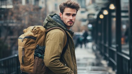 Fototapeta premium Man in Winter Coat in Urban Cityscape