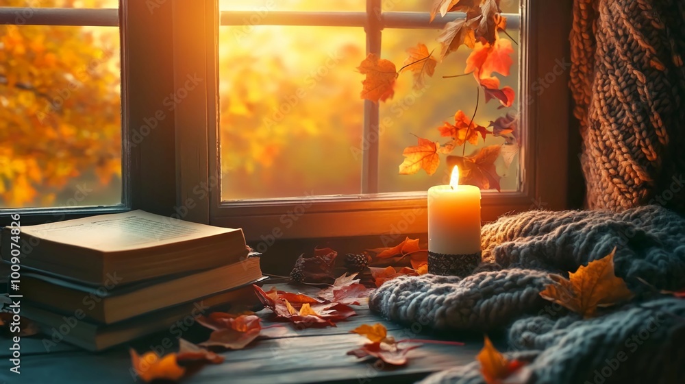 Poster a stack of books sits on a windowsill next to a lit candle and a blanket. fall leaves are scattered 