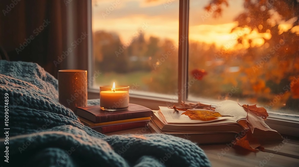Poster A lit candle sits on a windowsill with an open book and a blanket resting on the windowsill. The window overlooks a scene of golden autumn foliage bathed in the warm light of the setting sun.
