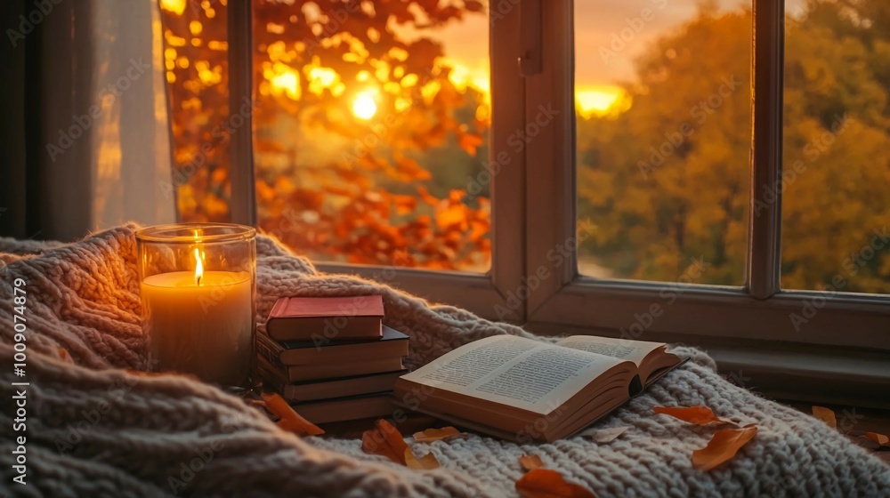 Poster a lit candle sits next to a stack of books on a knitted blanket. the blanket is spread out on a wind