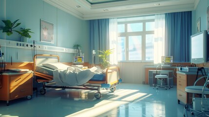 A hospital room with a bed, a television, and a plant