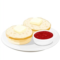 A plate of two buttered biscuits served with a side of red jam.