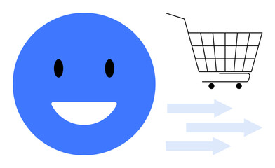 Smiling blue face with black eyes and white mouth beside a shopping cart and three arrows pointing right. Ideal for e-commerce, online shopping, customer satisfaction, positive feedback, and consumer