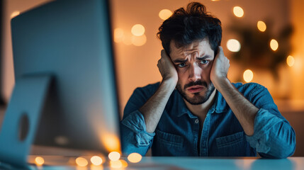 A man feeling stressed while working on a computer in a dimly lit room, expressing anxiety and frustration.