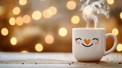 Obraz premium A cute white mug with a smiling face filled with steaming hot beverage.