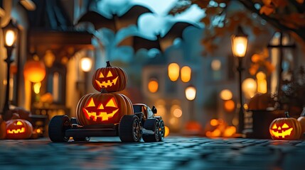 A toy car carrying a funny, carved pumpkin as it drives through a street lined with fake bats and glowing Halloween lanterns.