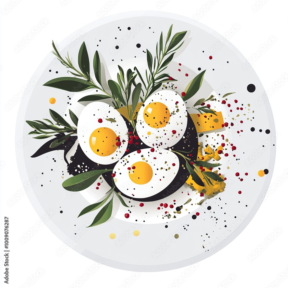 Poster A decorative plate featuring eggs garnished with herbs and spices.