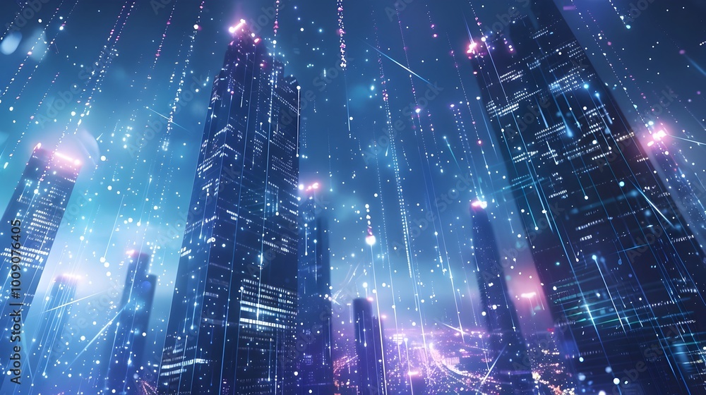 Poster futuristic cityscape with glowing quantum data streams connecting skyscrapers at light speed