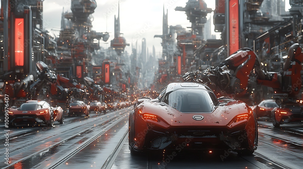 Poster Automated Car Assembly Line with Robotic Arms Working on Sleek Car Frames