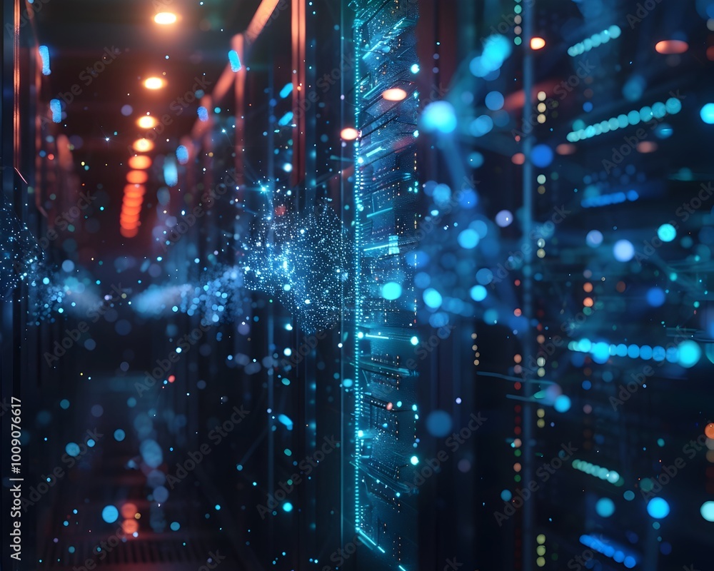 Poster futuristic quantum data center with glowing servers transmitting entangled particles across digital 