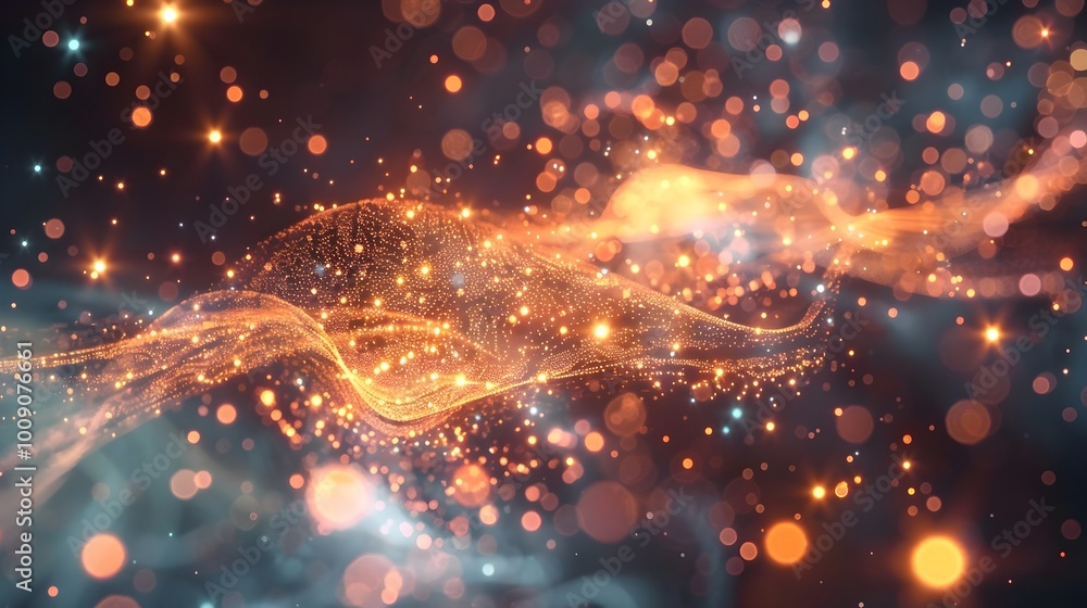 Poster quantum entangled particles across the galaxy linked by glowing threads futuristic internet concept
