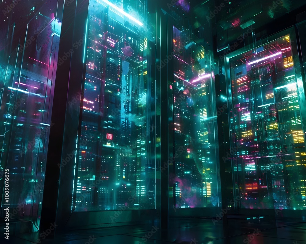 Poster futuristic quantum data center with glowing servers and entangled particle network