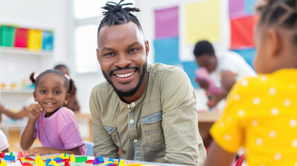Smiling teacher engages students in a colorful classroom. Educational materials or child learning resources.