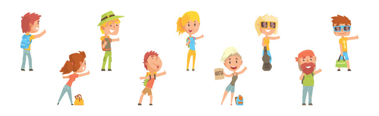 People Character Hitchhiking Standing with Backpack Catch Car Vector Set