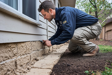 Man inspecting and repairing home foundation cracks near the exterior wall to prevent structural damage