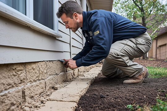 Man inspecting and repairing home foundation cracks near the exterior wall to prevent structural damage