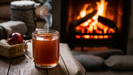 Warm spiced apple cider by the fireplace in a rustic log cabin