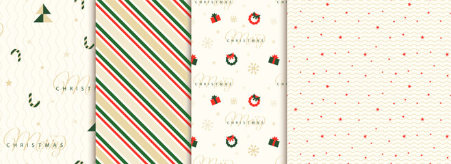 Set of Holiday, Christmas, New Year light seamless pattern with christmas trees, snowflakes, stars. Loopable design for wrapping paper, textile, background, banner