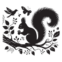 squirrel on a tree branch black silhouette on white background vector art