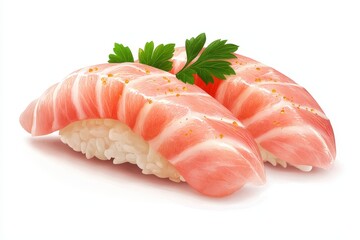 Illustration of salmon sushi arranged beautifully with fresh parsley garnish, perfect for culinary showcases and food photography.
