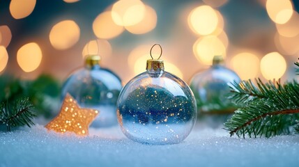 Fototapeta premium Merry Christmas and Happy New Year. Glass Christmas ornament ball with miniature snow and trees inside, Xmas lights background