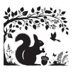 squirrel on a tree branch black silhouette on white background vector art
