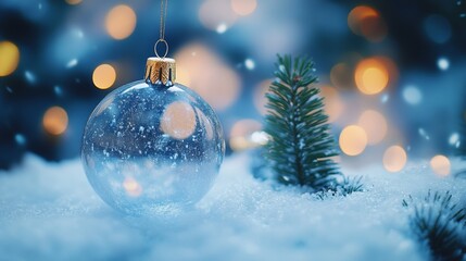 Merry Christmas and Happy New Year. Glass Christmas ornament ball with miniature snow and trees inside, Xmas lights background
