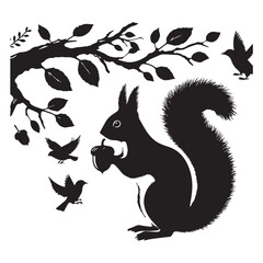 squirrel on a tree branch black silhouette on white background vector art