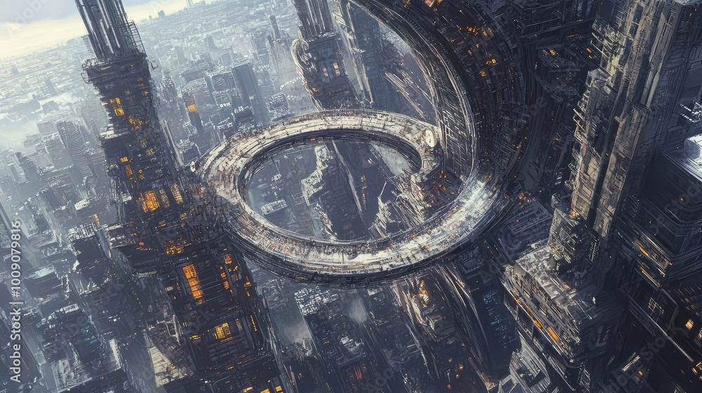 Aufkleber skyscrapers bend and float above the city, connected by looping bridges that twist in surreal, impos