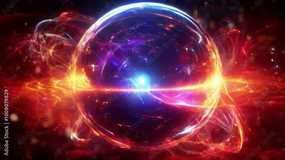 Poster abstract glowing sphere animation with colorful lights and particles. perfect for futuristic, techno