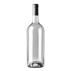 A clear glass wine bottle isolated on a white background, showcasing its elegant shape and design.