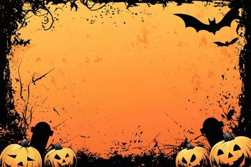 A Halloween background with an orange gradient background, black silhouette branches, two bats flying, and four pumpkins with jack-o'-lantern faces in the bottom corners.
