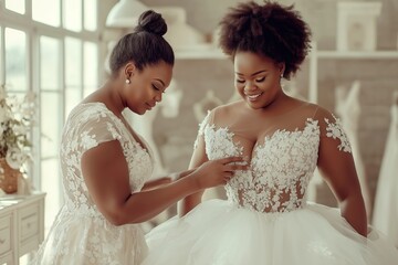 A designer meticulously adjusting a stunning plus-size gown for a model in an elegant bridal studio filled with dreamy light and intricate details