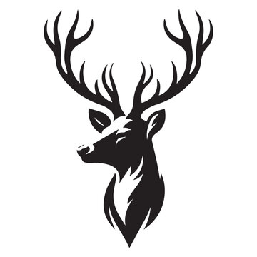 Black silhouette of a deer face. Big horns wild animal. Simple black silhouette graphic. Cartoon style. Vector illustration on white isolated background