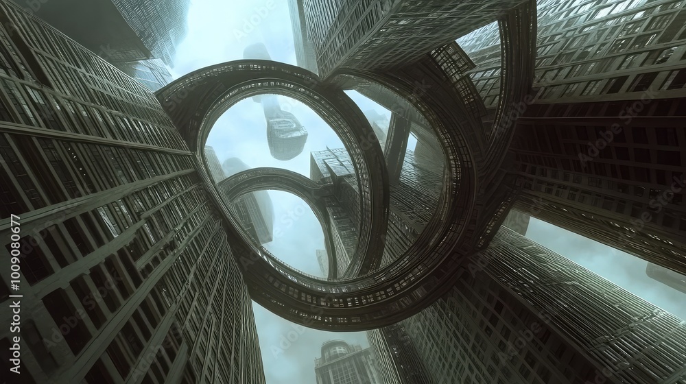 Poster skyscrapers hover in mid-air, bending and twisting in defiance of gravity, with looping bridges conn