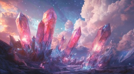 A Fantasy Landscape of Crystal Mountains under a Starry Sky