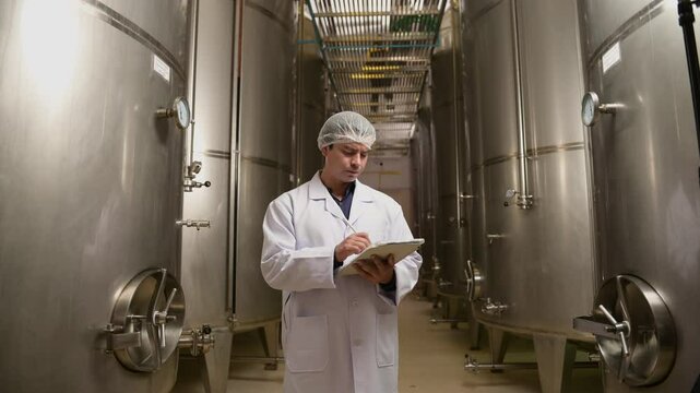 Professional winemaker controlling wine making process and quality at winery factory