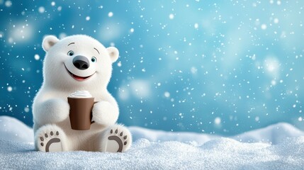 Cute cartoon polar bear holding a warm drink in a snowy setting.