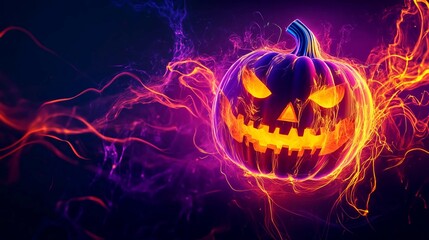 A carved pumpkin with an evil grin glows with orange light, surrounded by swirling purple and orange smoke on a black background.

