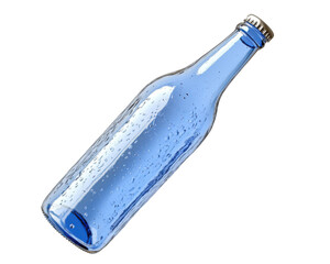Transparent glass bottle filled with water, droplets on the surface, isolated on white background.