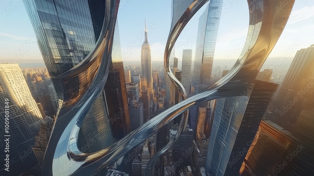 Poster skyscrapers suspended in mid-air bend and curve, with looping bridges creating impossible, gravity-d