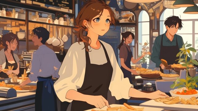 Busy Italian Restaurant Scene with Chefs and Diners