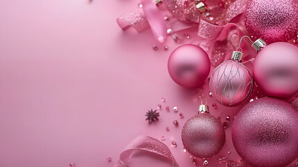 Pink christmas decorations on pink background