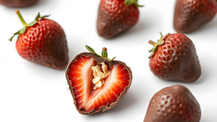 One Chocolate covered dried strawberries cut in half with the inside showing through isolated white background. Generative AI
