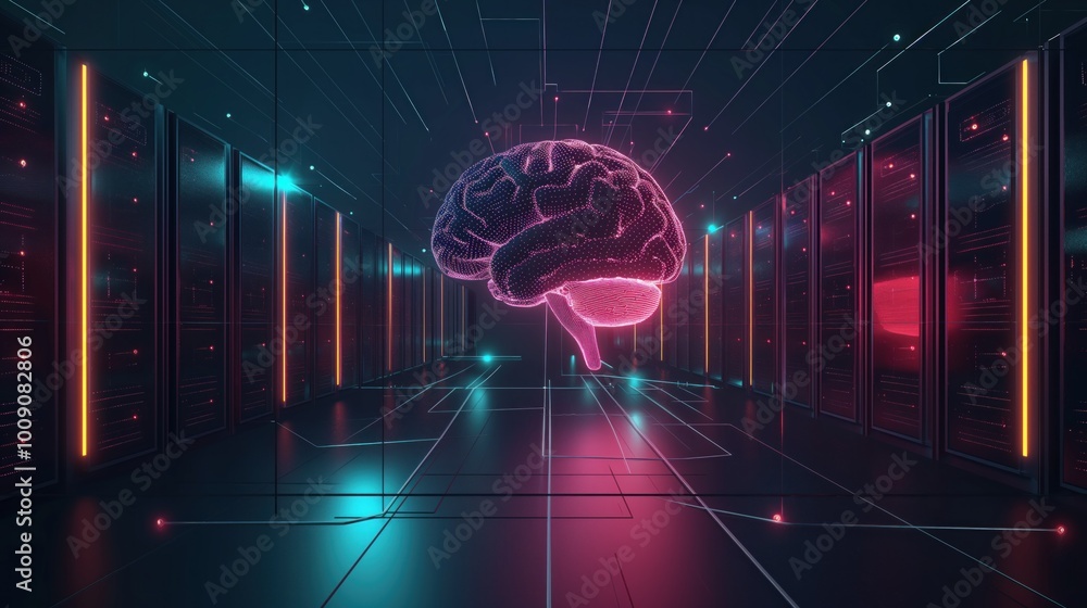 Poster digital brain connected to data center. artificial intelligence concept. human mind merged with mach