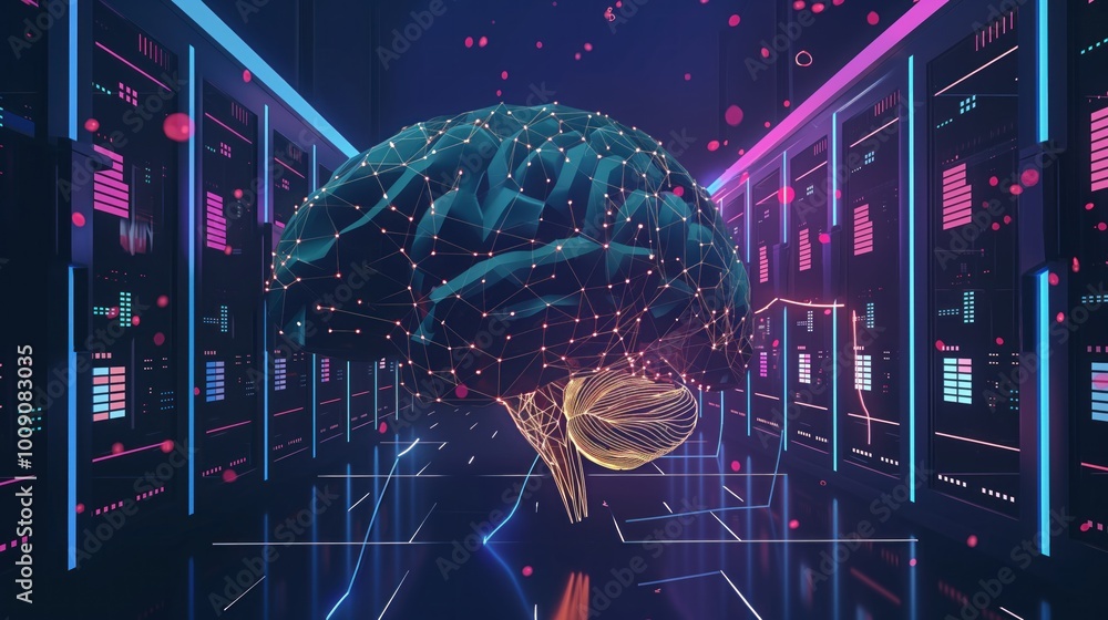 Poster illustration of digital brain connected to data center. artificial intelligence concept with neural 