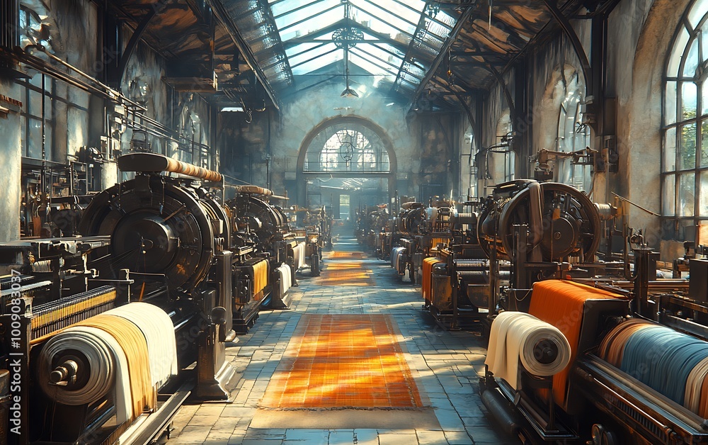 Poster textile factory with rows of weaving machines and colorful threads