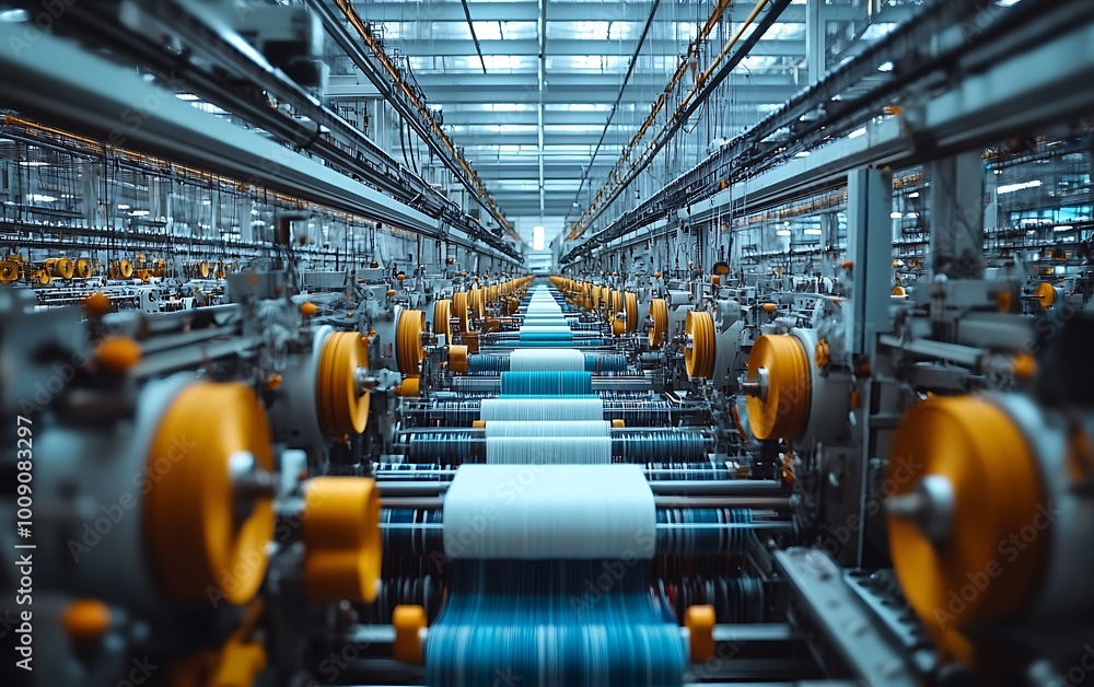 Poster textile factory with rows of weaving machines and colorful threads