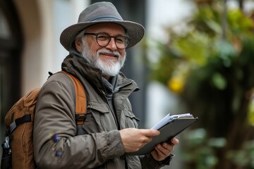 Happy senior traveler using a check list to prepare for an adventure trip, Generative AI