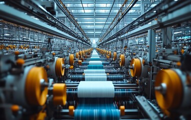 Textile Factory with Rows of Weaving Machines and Colorful Threads